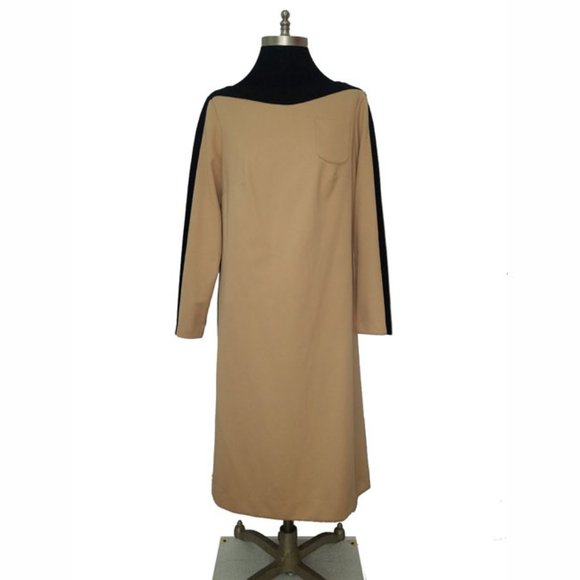 Vtg 70s Tan Black Trim Shift Dress M - Picture 4 of 7